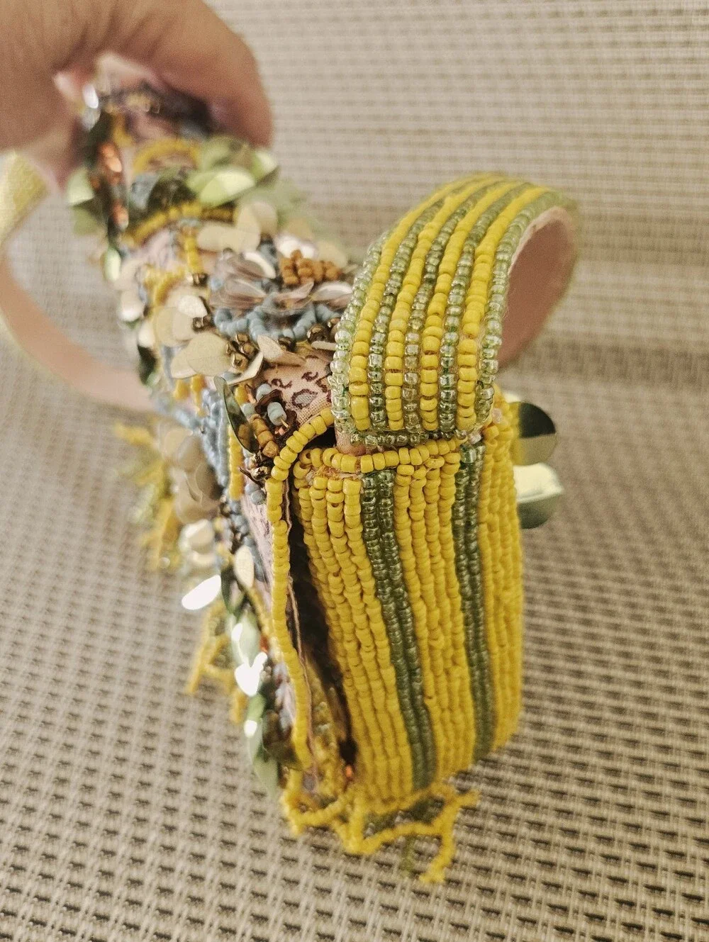 Vintage Beaded Handbag, Yellow Beaded Purse, Beaded Shoulder Bag